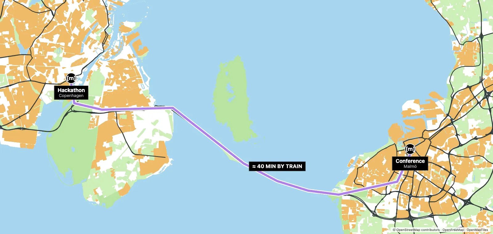 Map of the railway between the conference in Malmö on the right and the hackathon in Copenhagen on the left, crossing the Øresund Bridge. The train takes about 40 minutes.